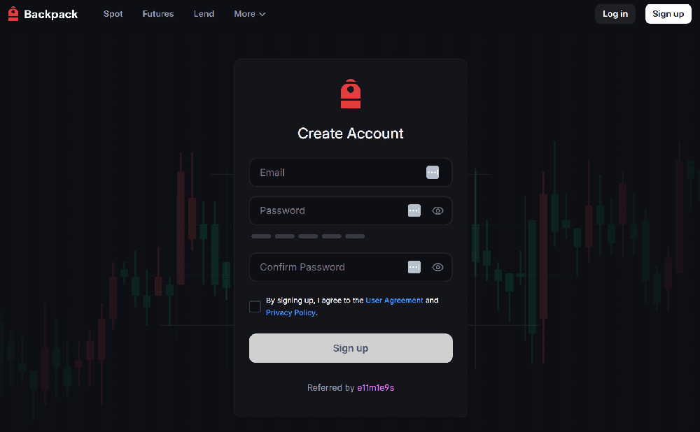 Ekran rejestracji Backpack Exchange z polem kodu polecającego