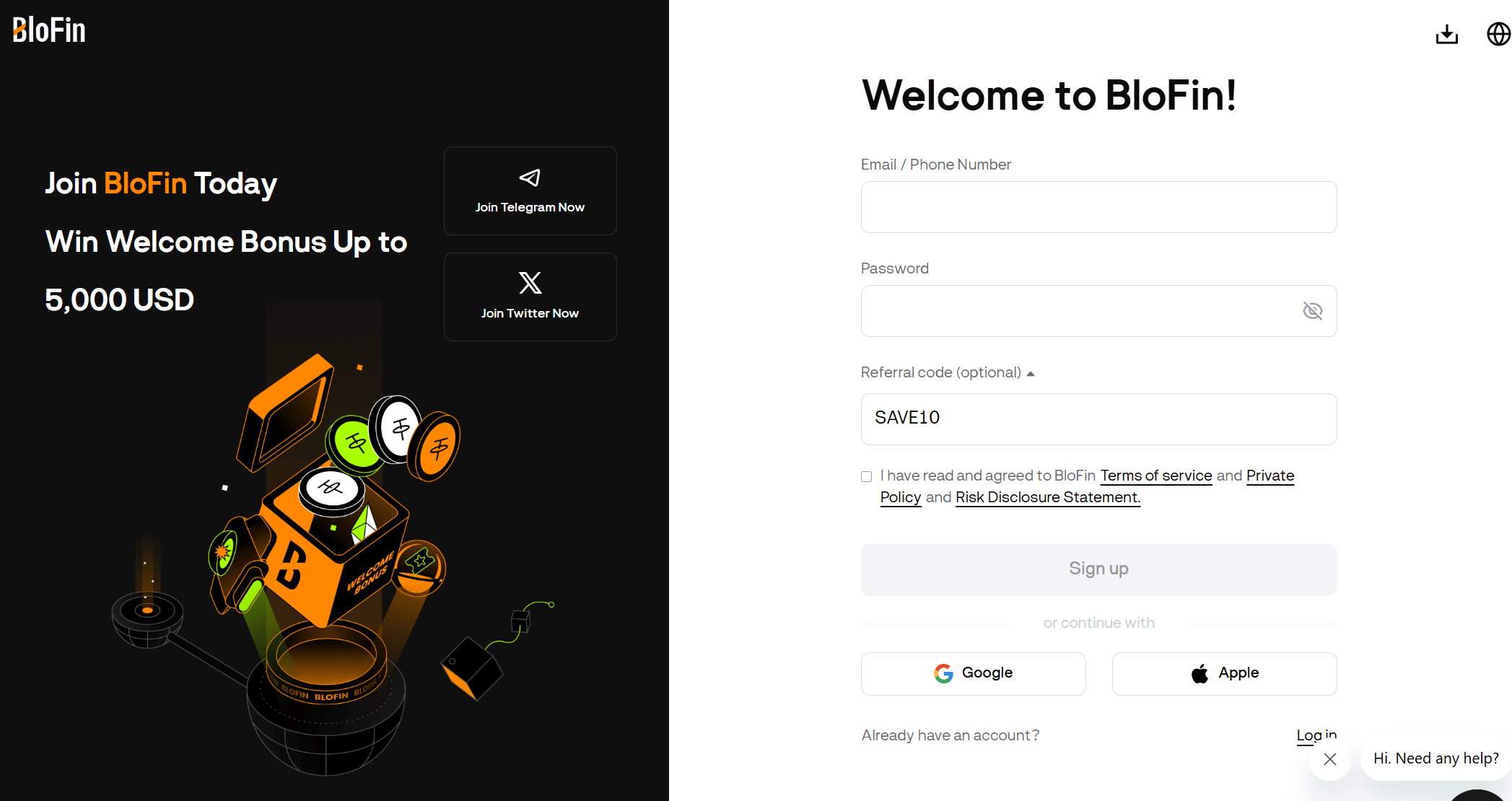 BloFin kod polecający wpisany podczas rejestracji