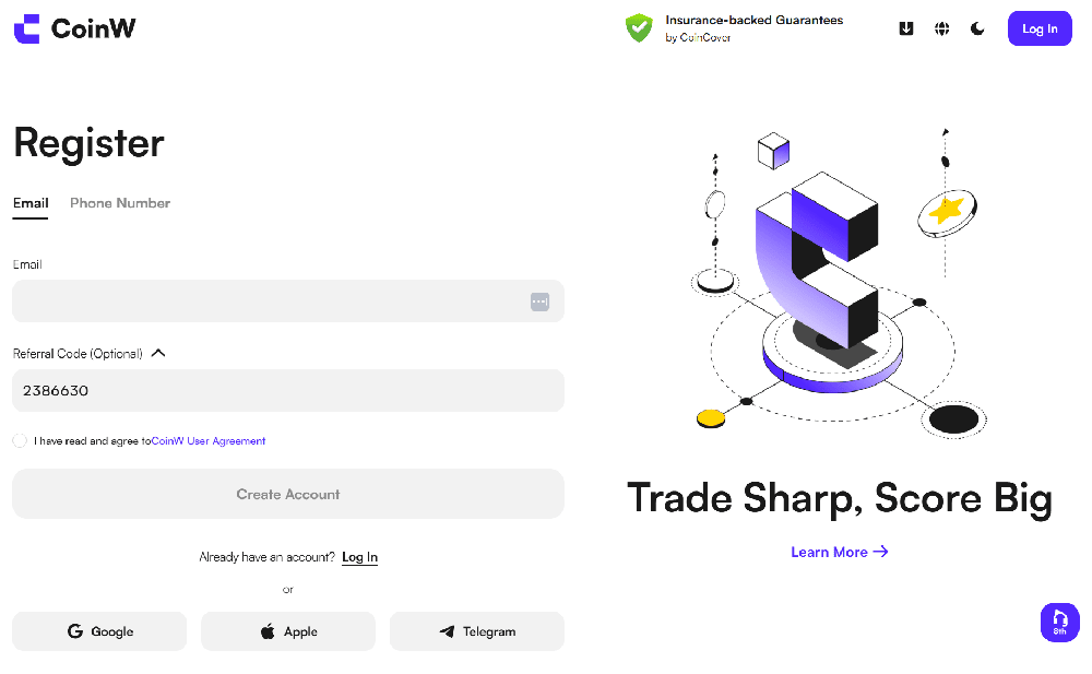 CoinW pole na kod polecający podczas rejestracji