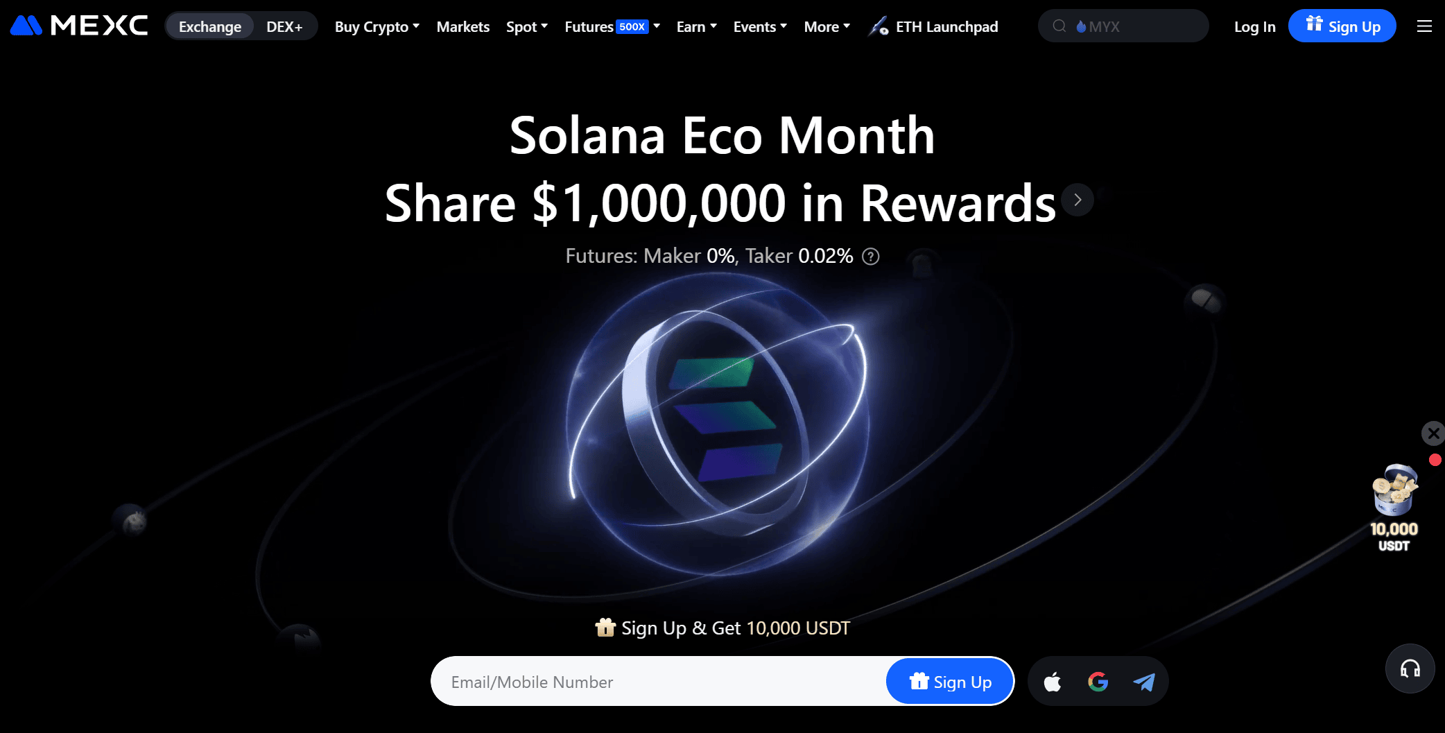 Strona główna MEXC z interfejsem handlowym