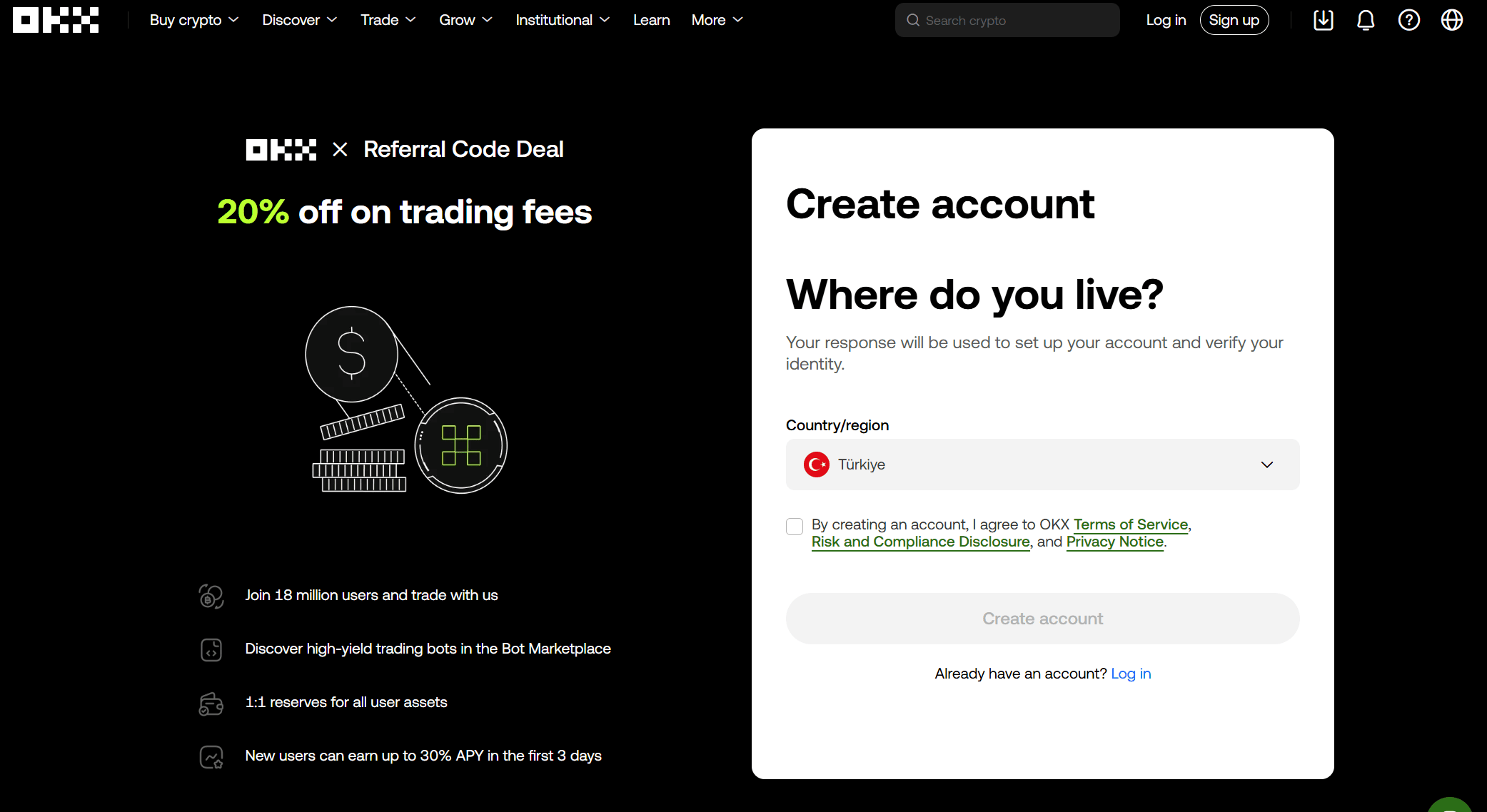Kod polecający OKX wprowadzony podczas rejestracji