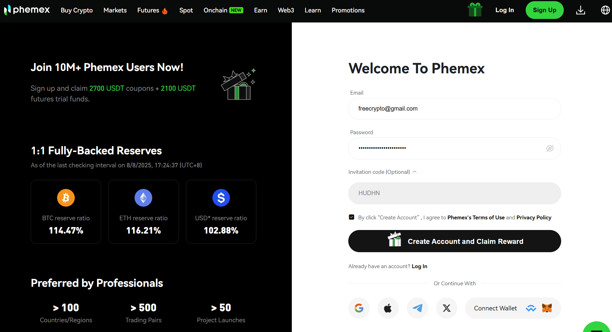 Kod zaproszenia Phemex wprowadzony podczas rejestracji