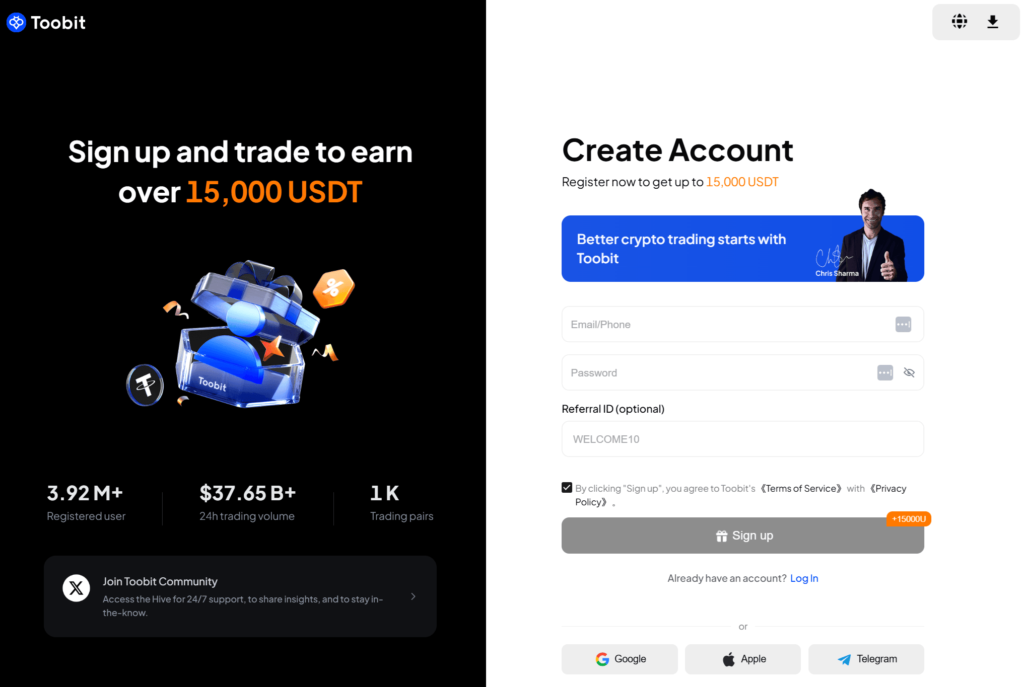 Rejestracja Toobit z polem na kod polecający