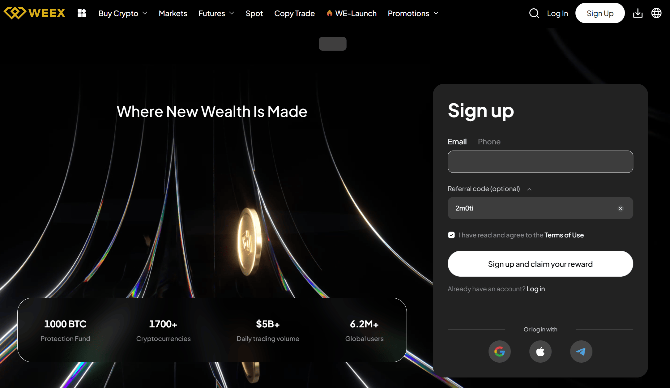 Kod polecający WEEX wprowadzony podczas rejestracji