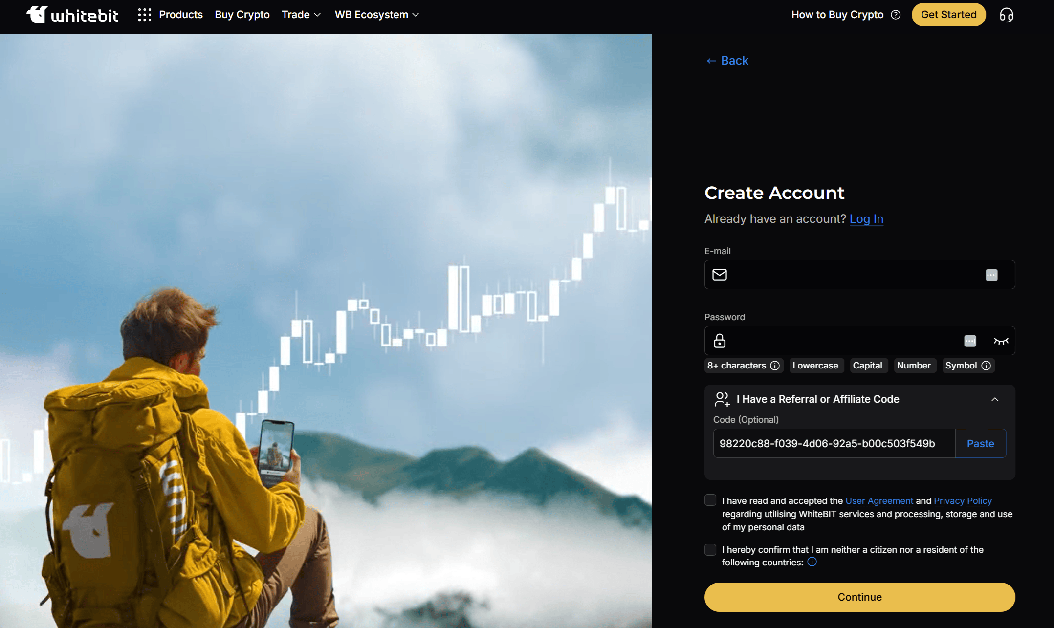 Kod polecający WhiteBIT wprowadzony podczas rejestracji